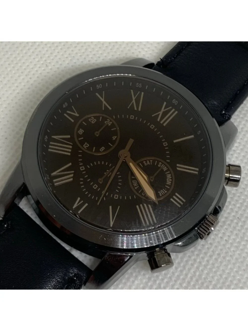 FMD men’s watch black tone quartz analog 50mm Roman indices leather running